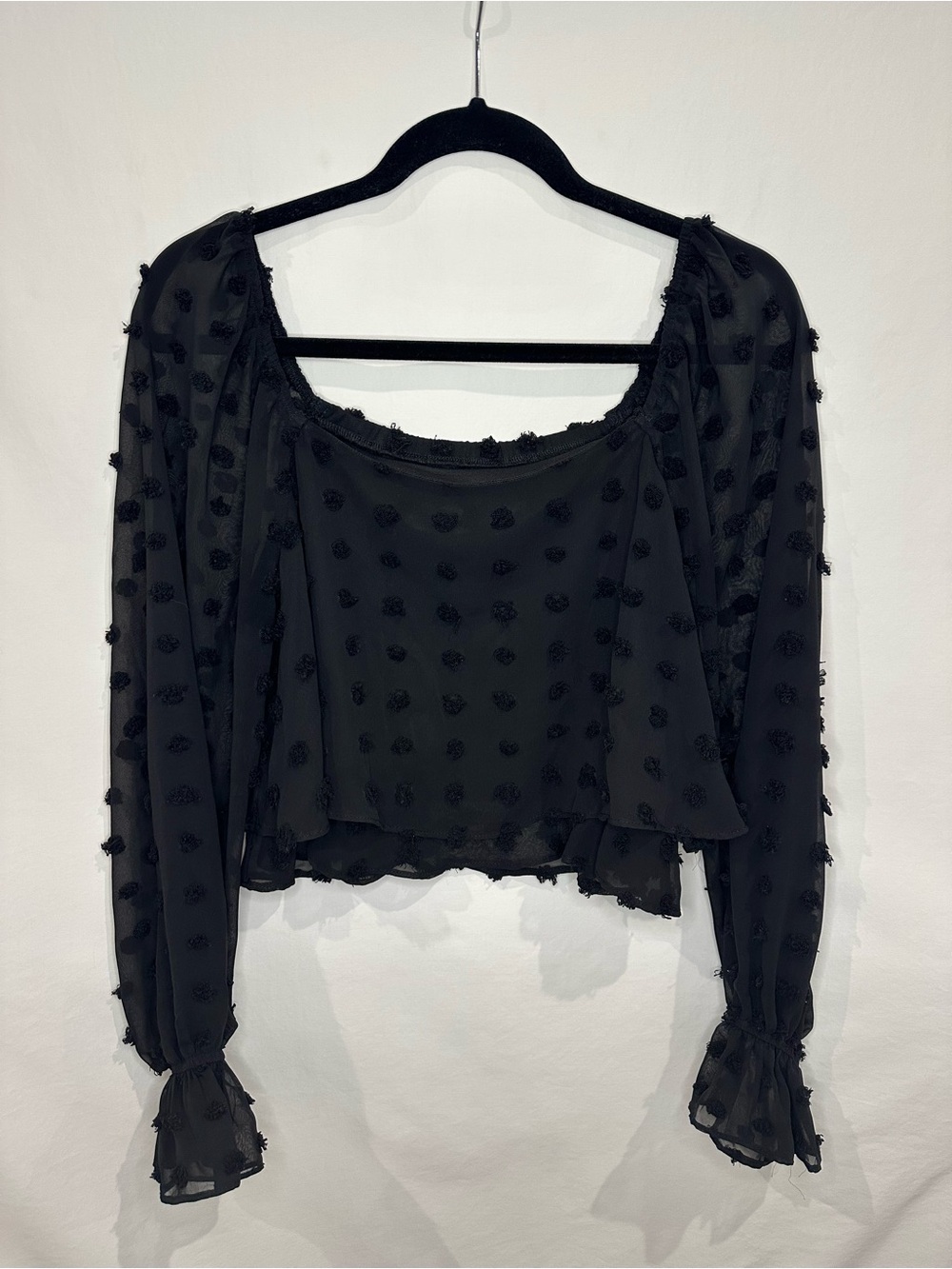 Altar'd State Black Swiss Dot Sheer Ruffle-Sleeve Blouse